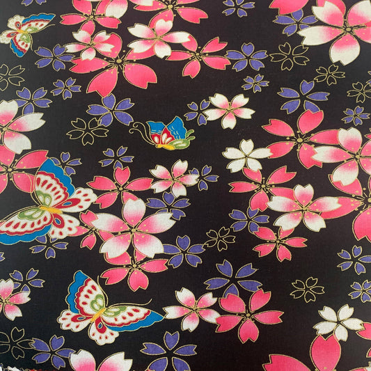 60″ Wide Metallic Butterfly Cotton Fabric on Black per 1/2 Metre