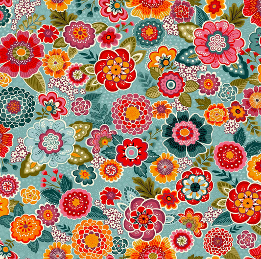 Makower 100% Cotton Prints by the 1/2 Metre (112cm Wide) - Revival Floral Blue